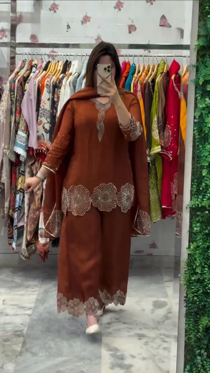 Red Orange Beads Worked Sharara Suit Set