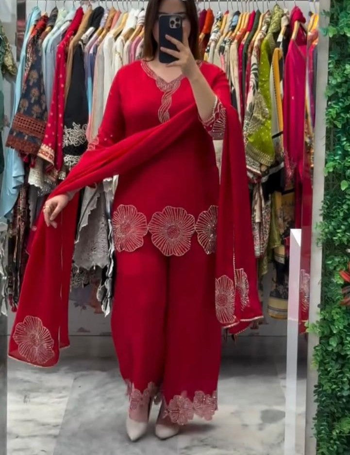 Red Orange Beads Worked Sharara Suit Set