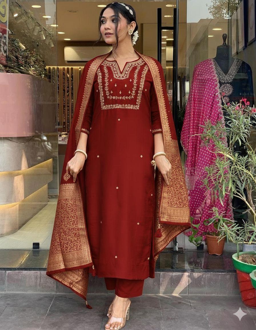 COTTON SILK GOLD EMBROIDERY WORK SUIR SET