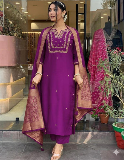 COTTON SILK GOLD EMBROIDERY WORK SUIR SET