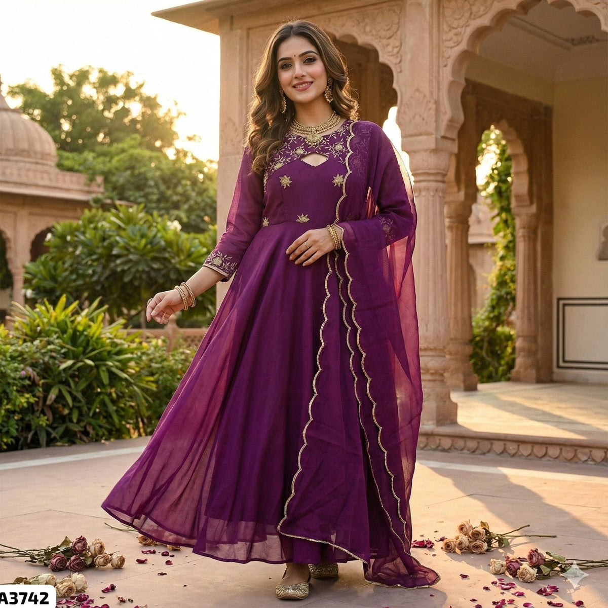 Georgette glimmer gown with monochrome dupatta