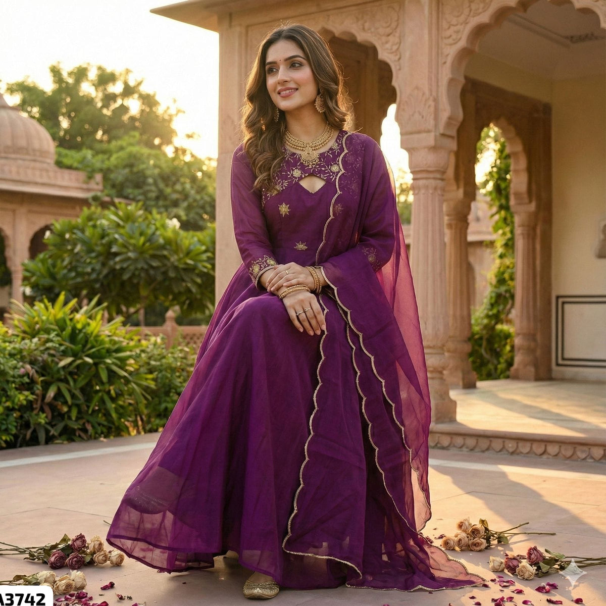 Georgette glimmer gown with monochrome dupatta