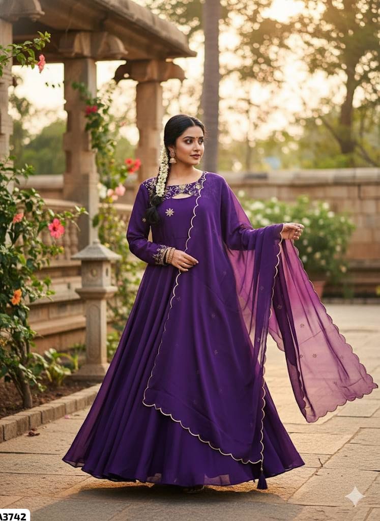 Georgette glimmer gown with monochrome dupatta