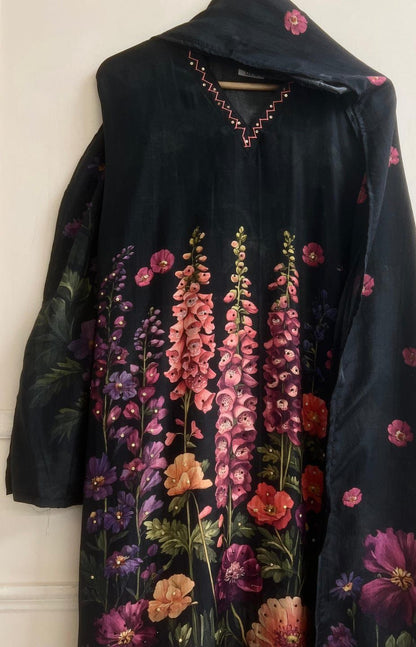 Black Muslin Semi Stitched Suit Set