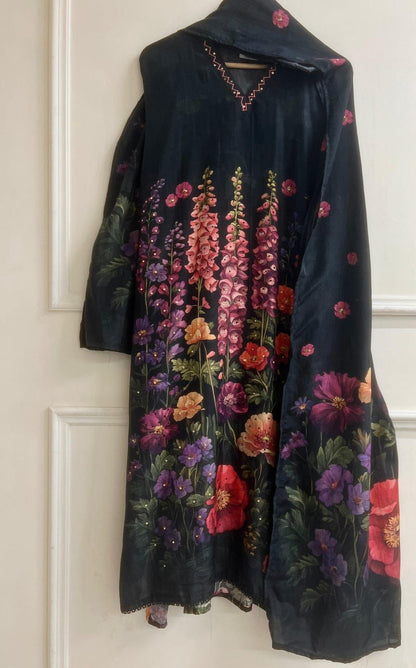 Black Muslin Semi Stitched Suit Set