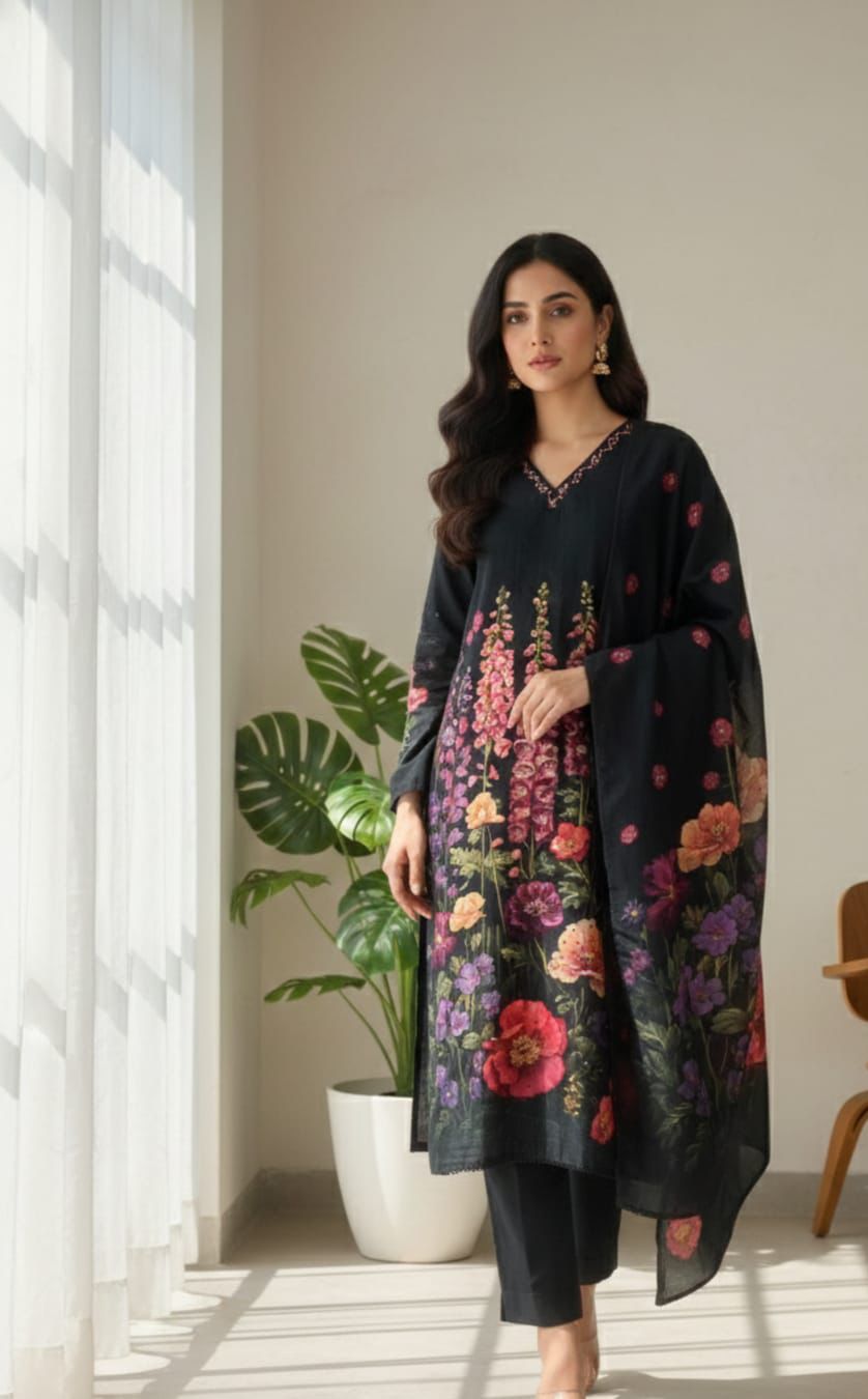 Black Muslin Semi Stitched Suit Set