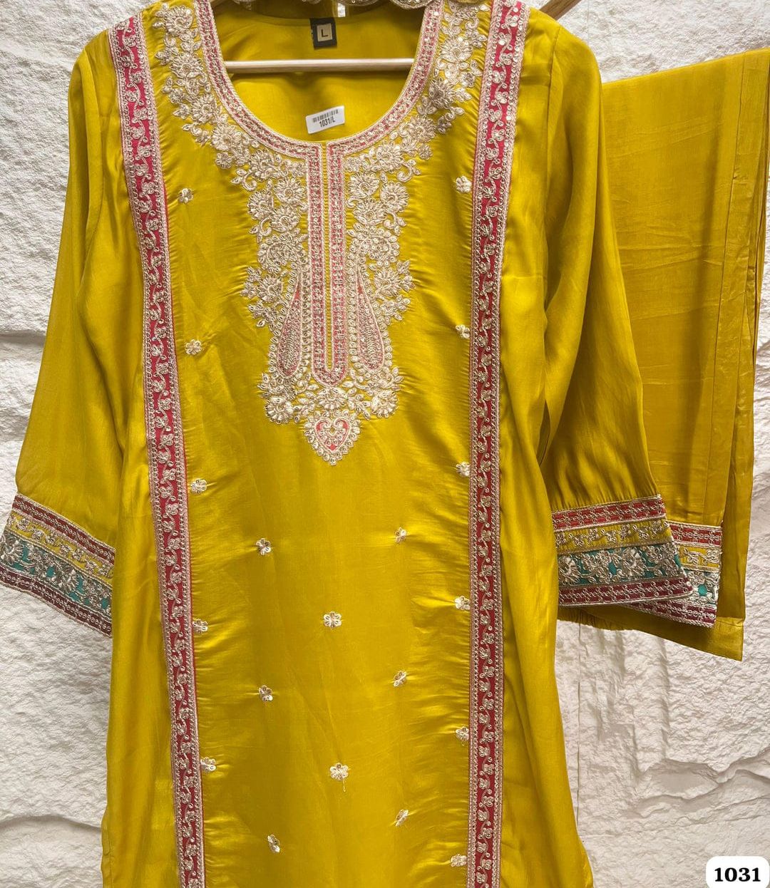 Yellow Silk Stiched Embroidered -Set Of 3