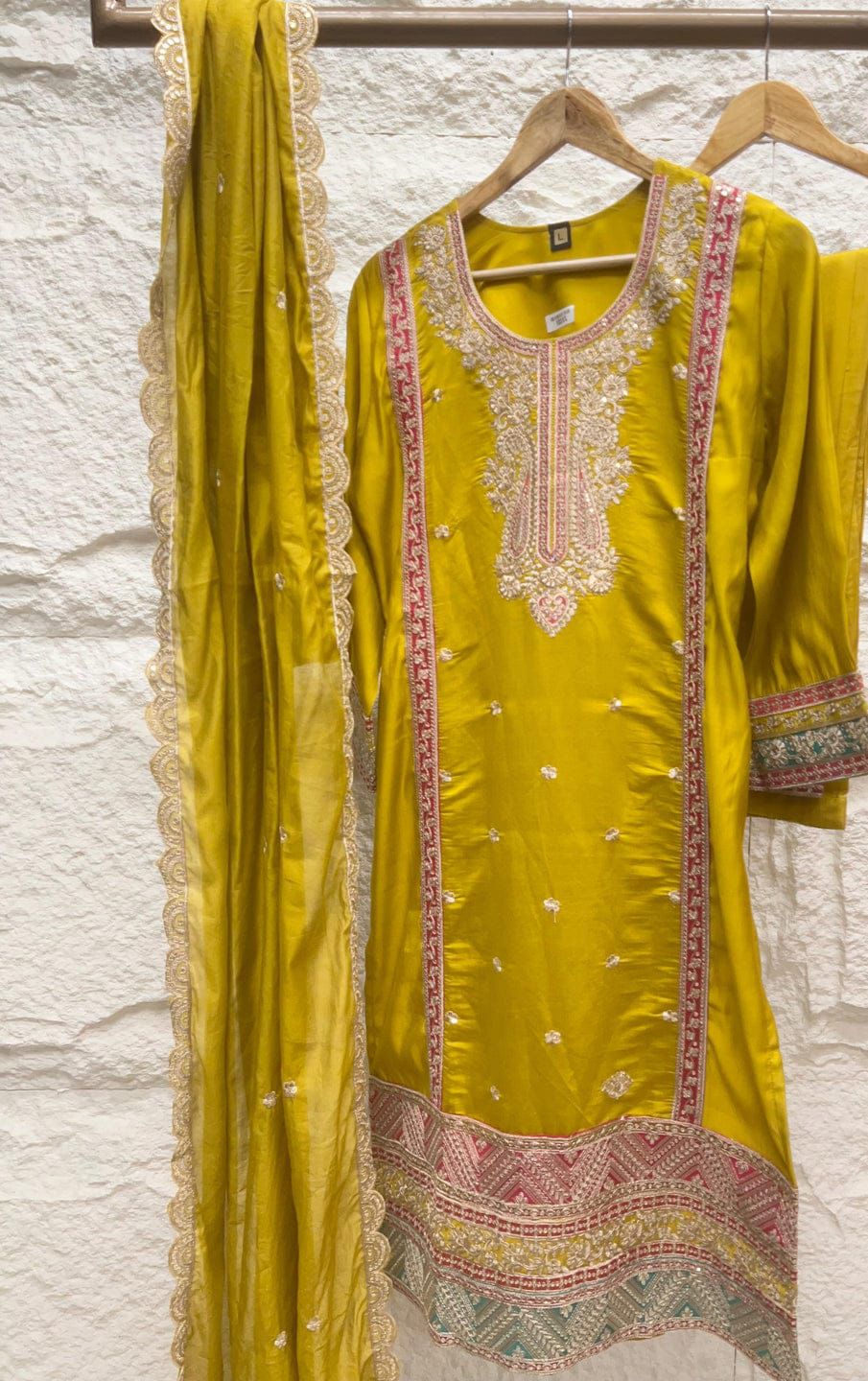 Yellow Silk Stiched Embroidered -Set Of 3