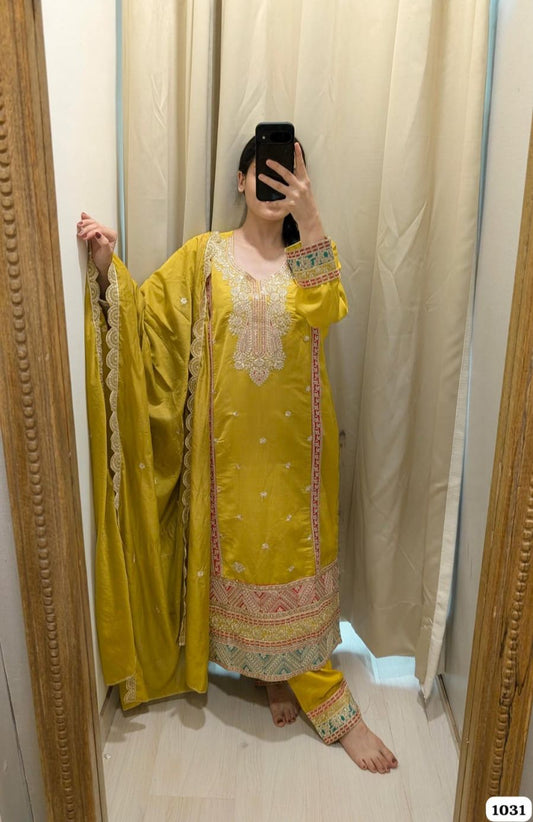 Yellow Silk Stiched Embroidered -Set Of 3
