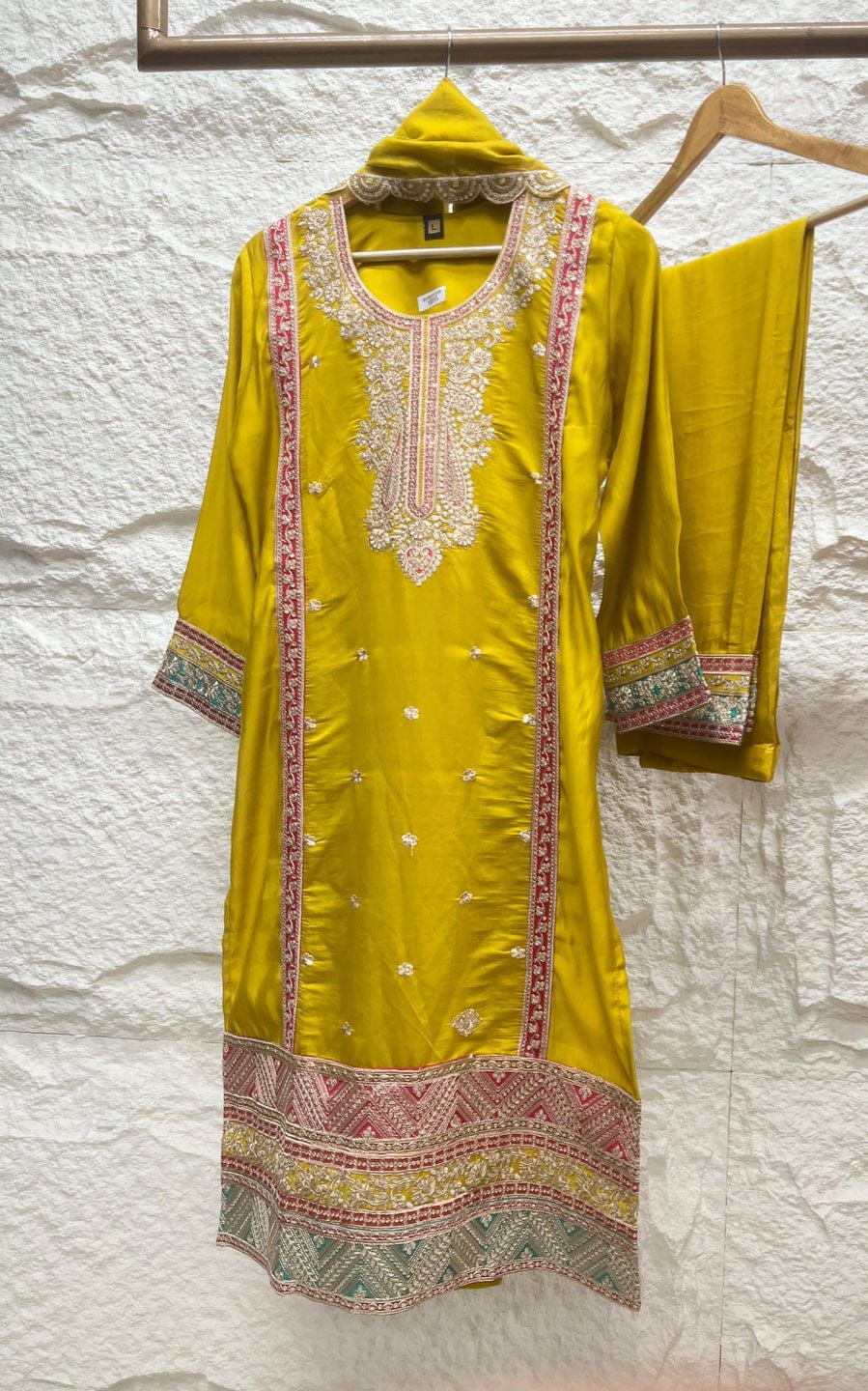 Yellow Silk Stiched Embroidered -Set Of 3