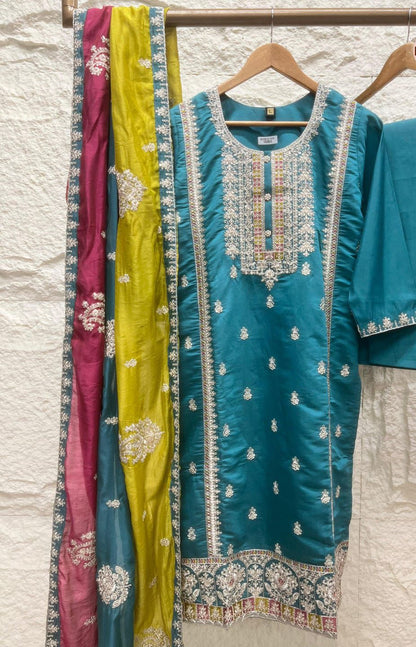 Vibrant Blue Silk Stiched Embroidered -Set Of 3