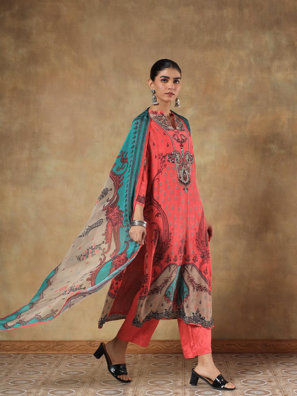 Pure Crepe Orange Suit Set