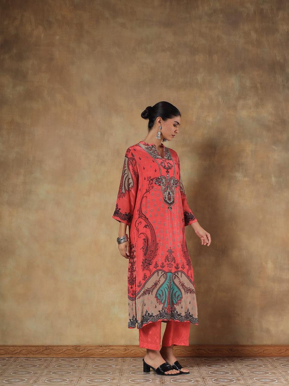 Pure Crepe Orange Suit Set