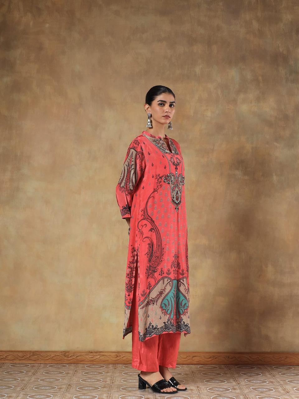 Pure Crepe Orange Suit Set