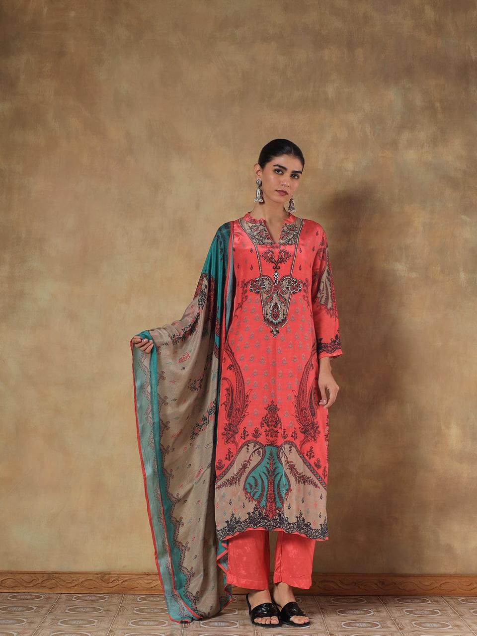 Pure Crepe Orange Suit Set