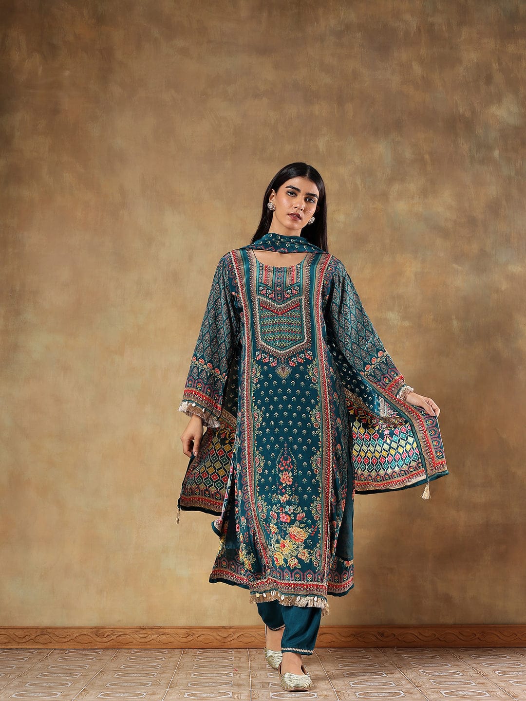 Amaira Teal Natural Crepe Printed 3-Piece Set