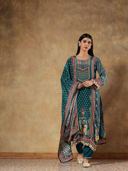 Amaira Teal Natural Crepe Printed 3-Piece Set