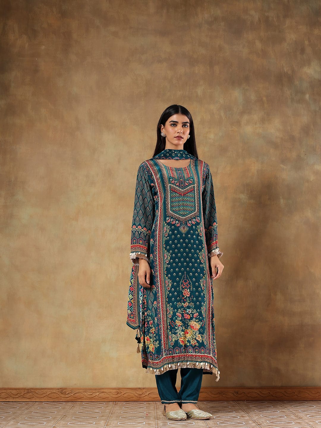 Amaira Teal Natural Crepe Printed 3-Piece Set