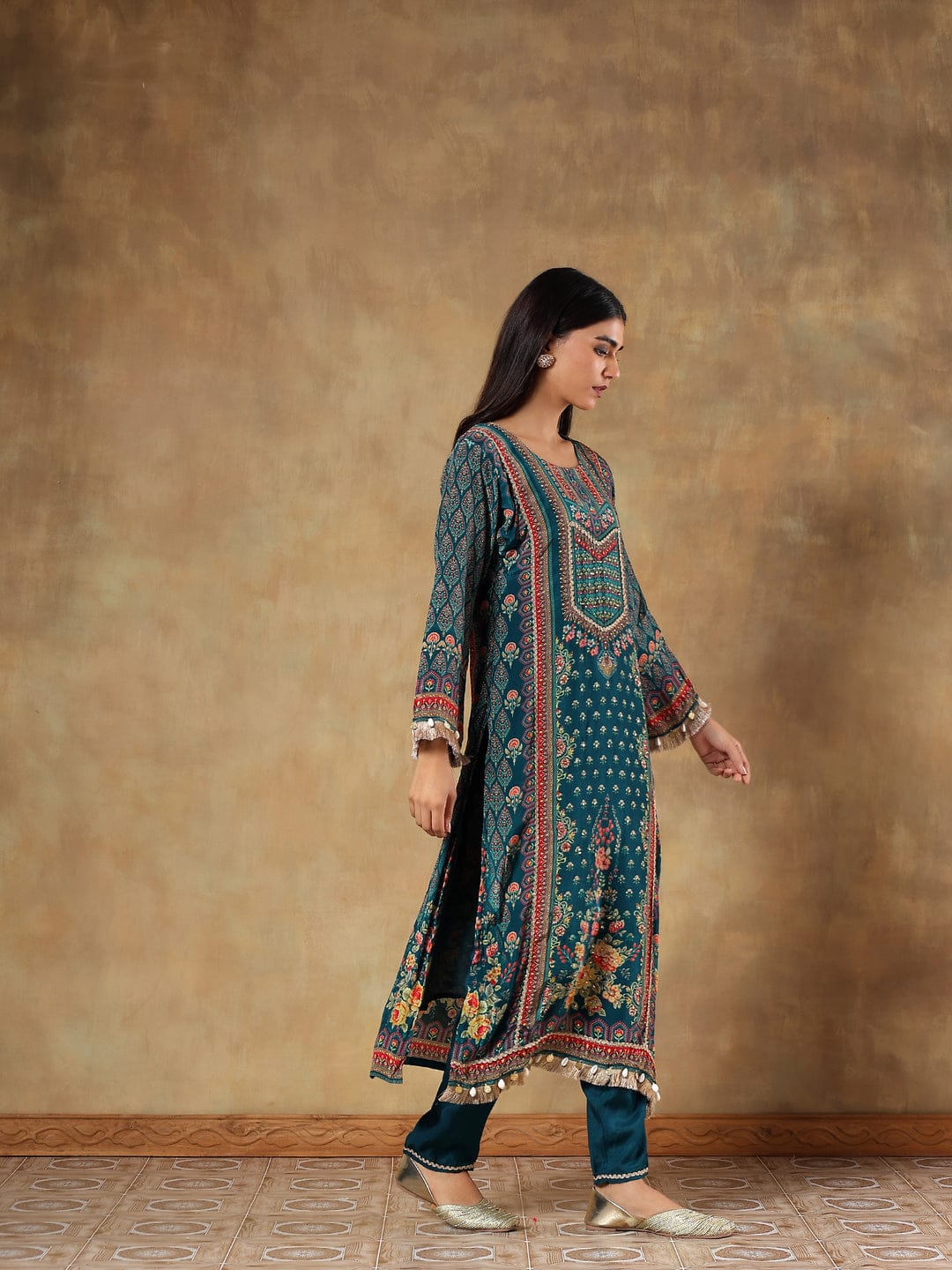 Amaira Teal Natural Crepe Printed 3-Piece Set