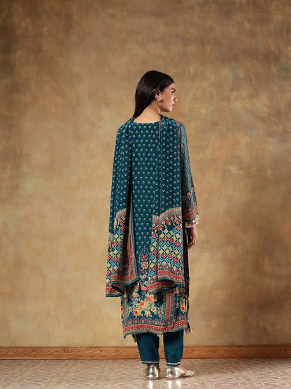 Amaira Teal Natural Crepe Printed 3-Piece Set