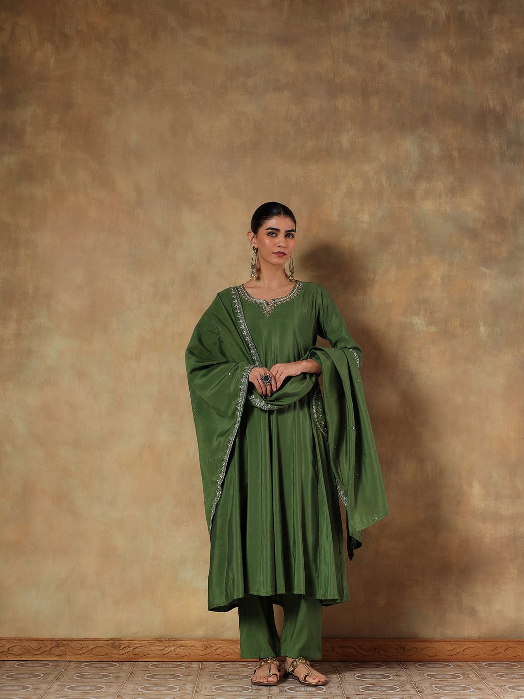 Aarvi Olive Crepe Silk Embroidered 3-Piece Set