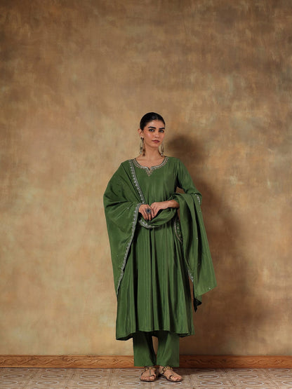 Aarvi Olive Crepe Silk Embroidered 3-Piece Set