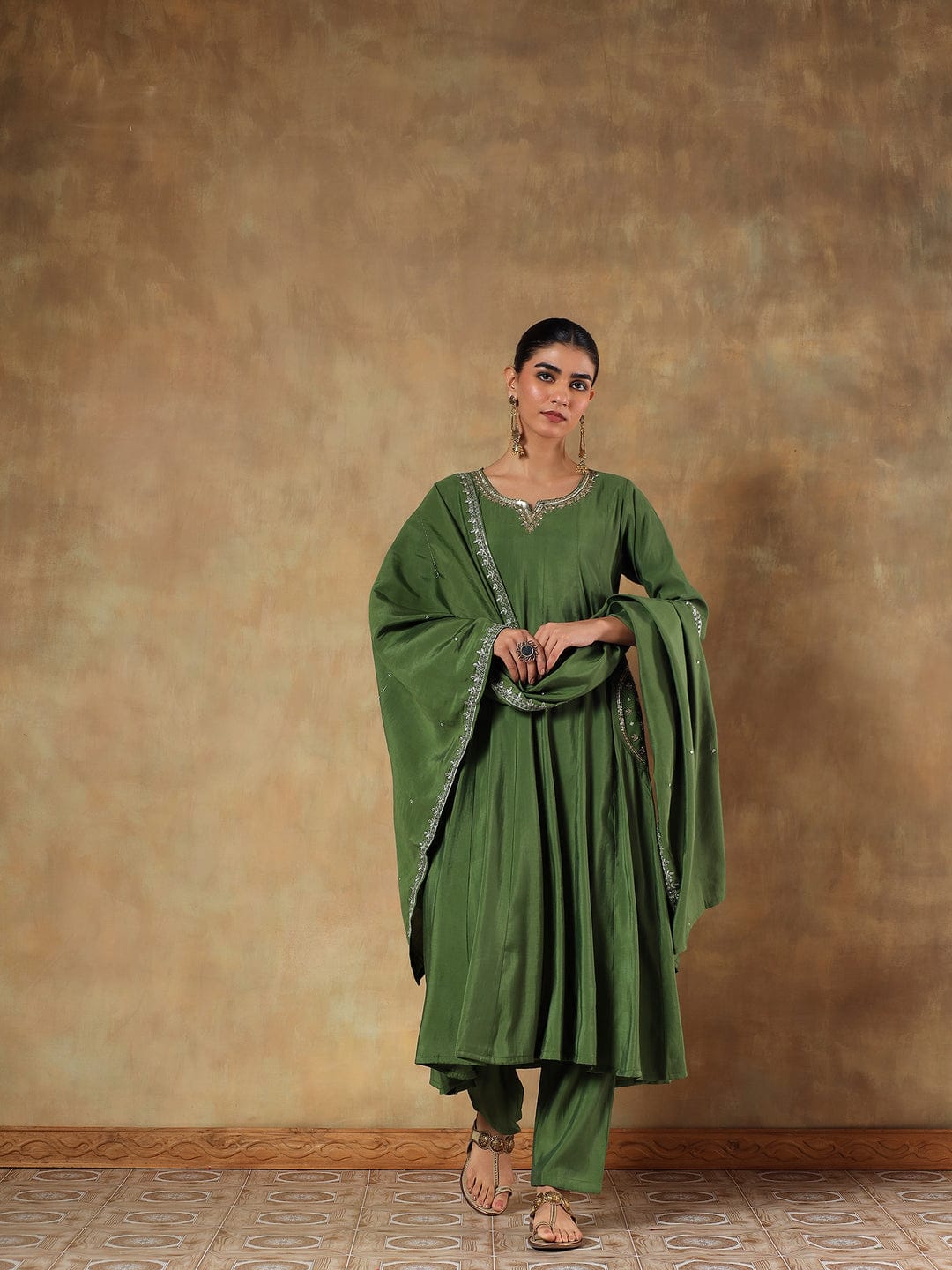 Aarvi Olive Crepe Silk Embroidered 3-Piece Set