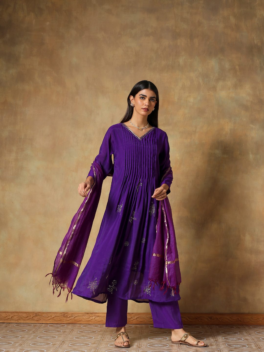 Purple Premium Silk with Pleat Detailing