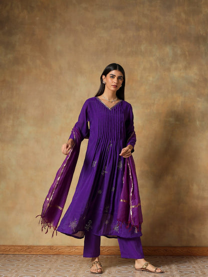 Purple Premium Silk with Pleat Detailing