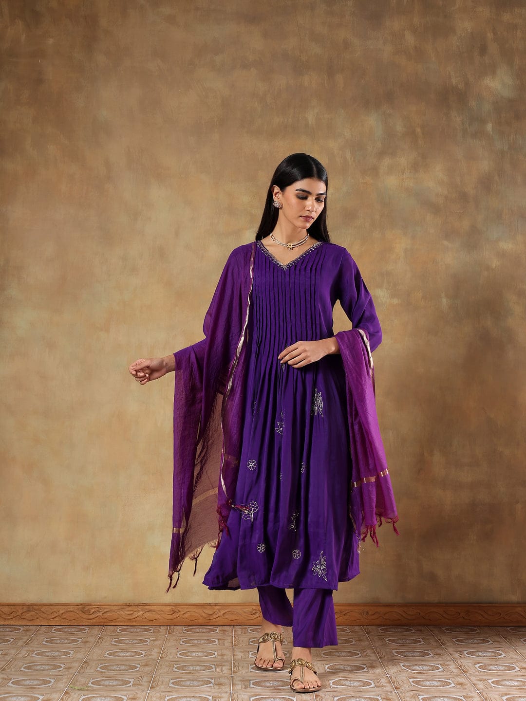 Purple Premium Silk with Pleat Detailing
