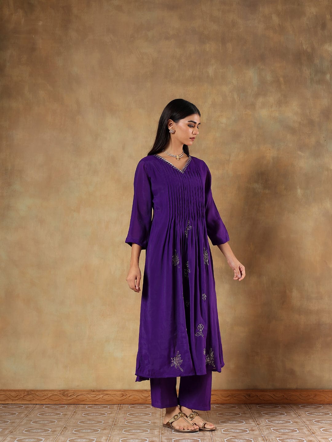 Purple Premium Silk with Pleat Detailing