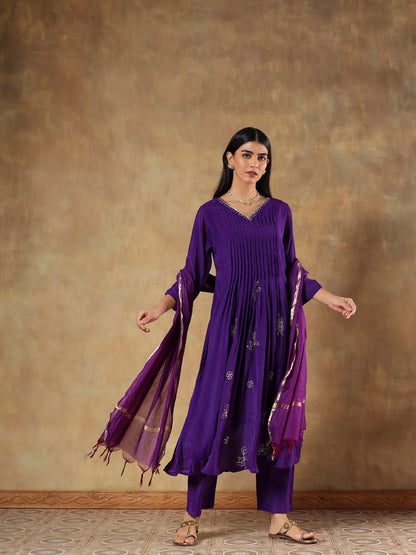 Purple Premium Silk with Pleat Detailing
