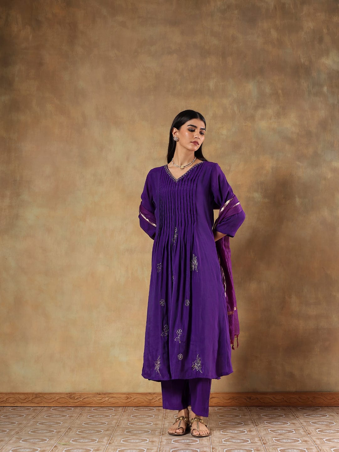 Purple Premium Silk with Pleat Detailing