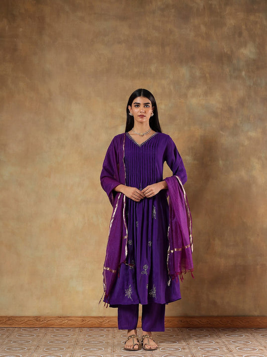 Purple Premium Silk with Pleat Detailing