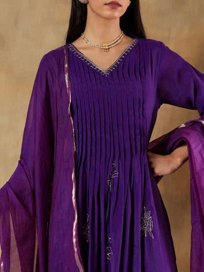 Purple Premium Silk with Pleat Detailing