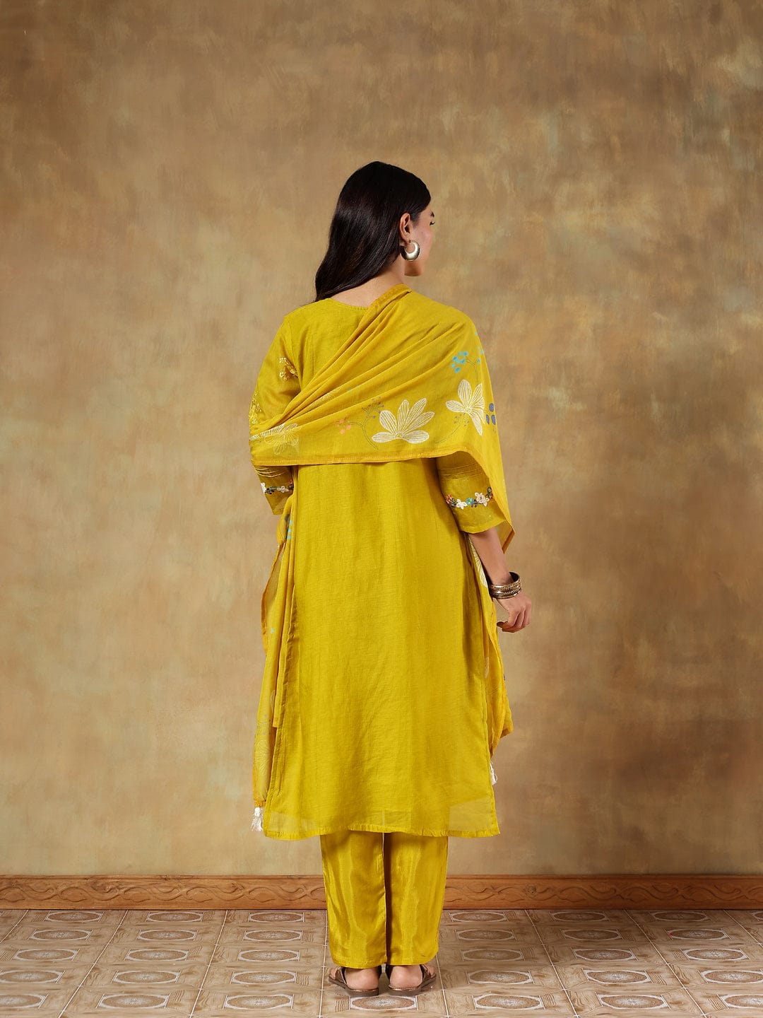 Mustard yellow mul-chanderi suit set