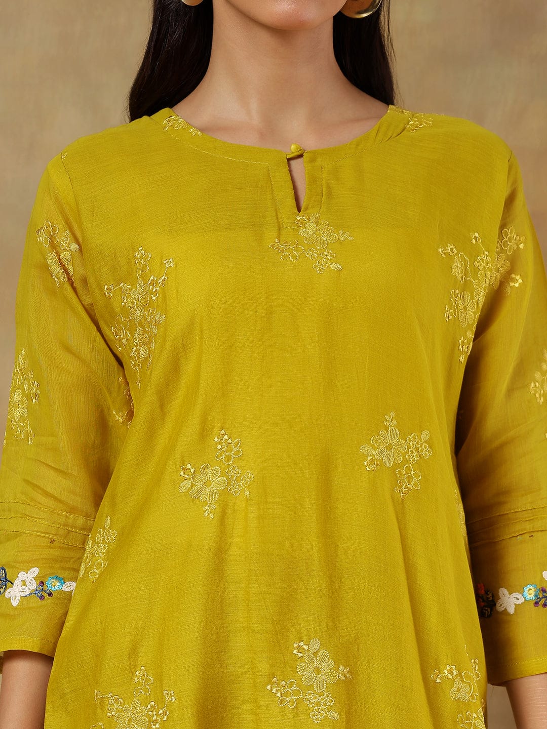 Mustard yellow mul-chanderi suit set