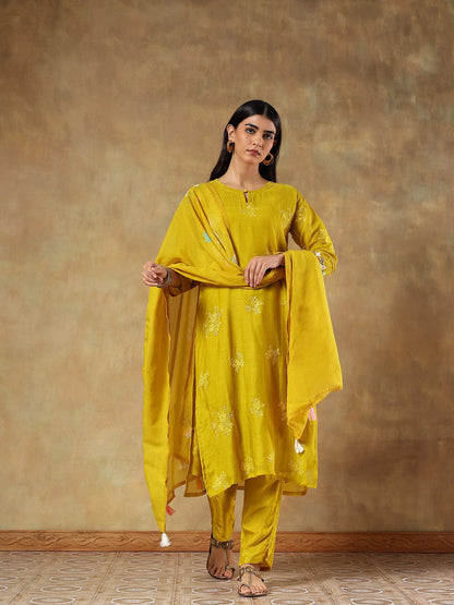 Mustard yellow mul-chanderi suit set