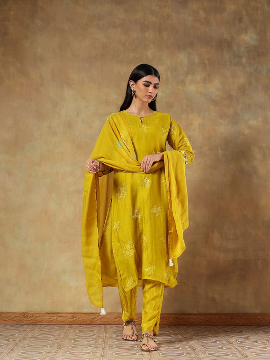 Mustard yellow mul-chanderi suit set