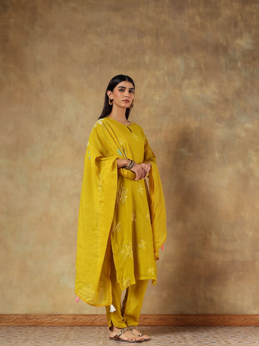 Mustard yellow mul-chanderi suit set