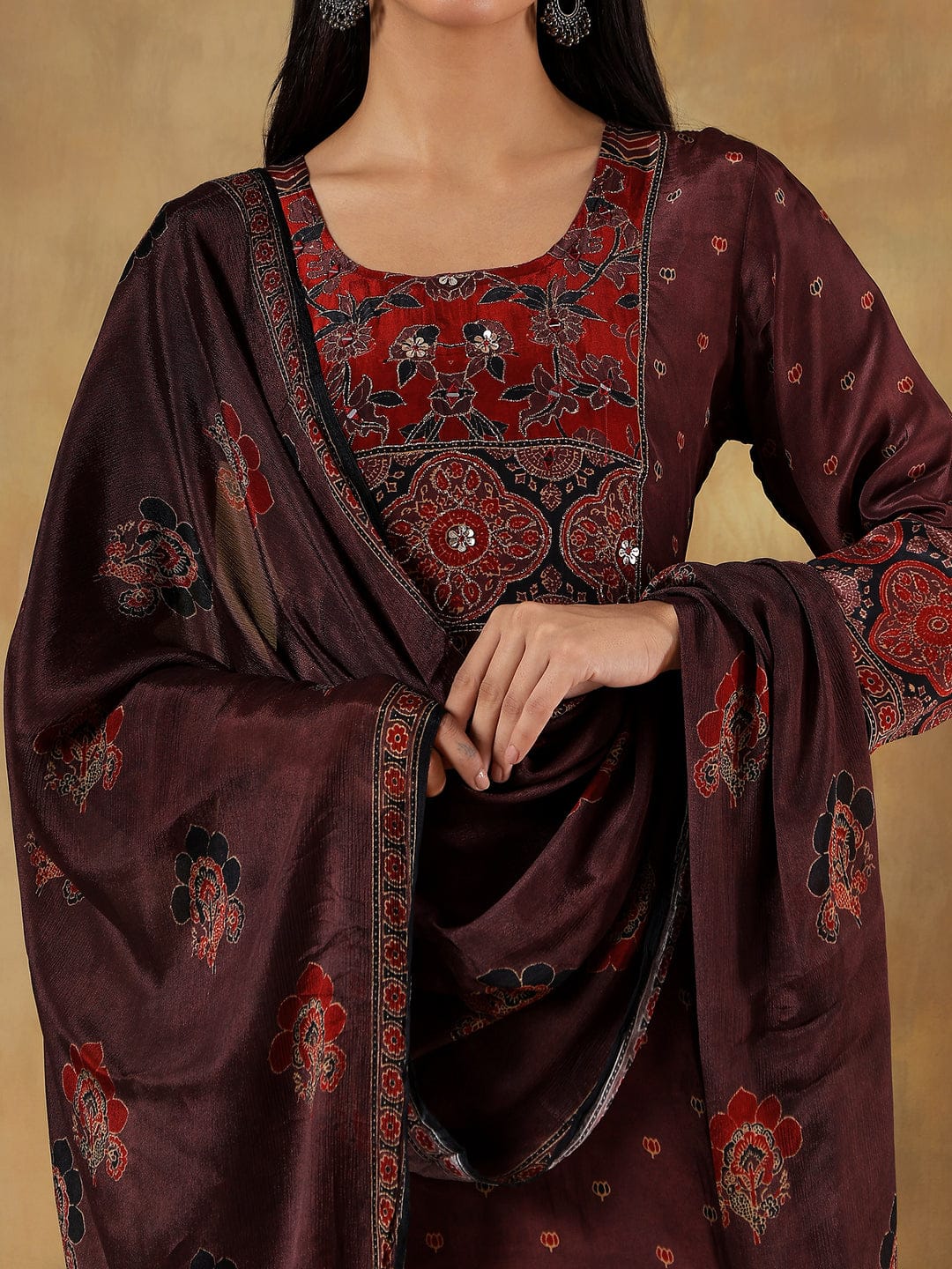 Deep wine-toned Russian silk set
