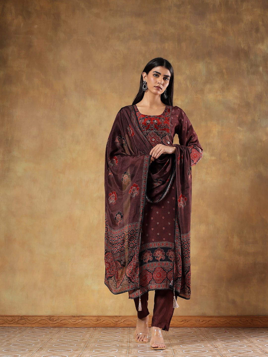 Deep wine-toned Russian silk set