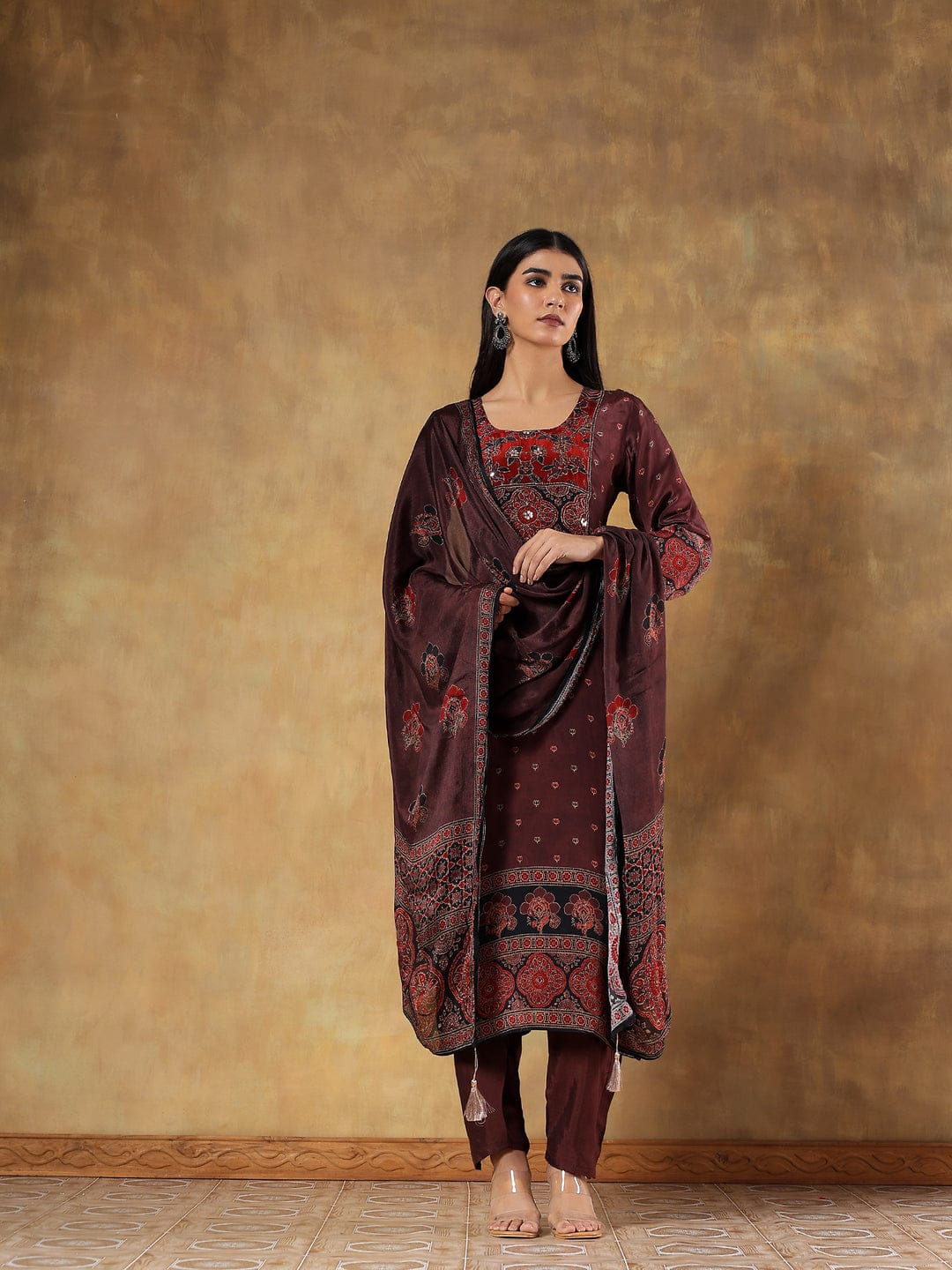 Deep wine-toned Russian silk set