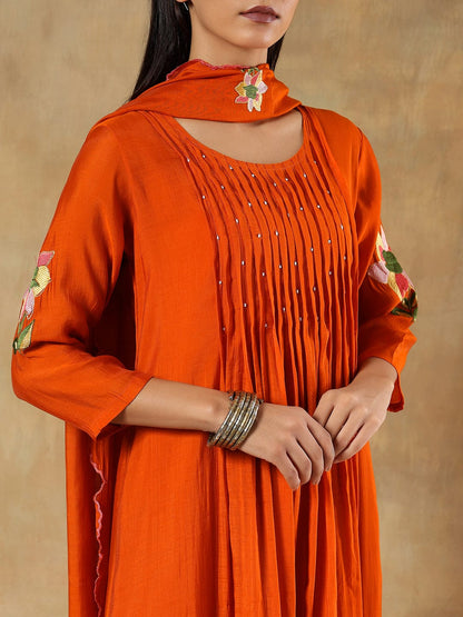 Reha Orange Silk Embroidered 3-Piece Set
