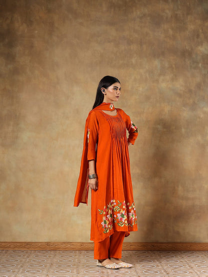 Reha Orange Silk Embroidered 3-Piece Set