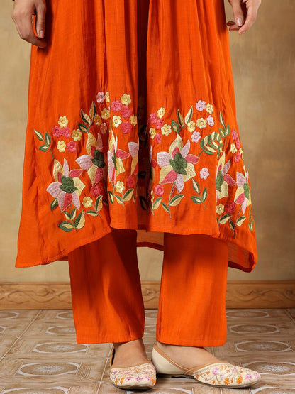 Reha Orange Silk Embroidered 3-Piece Set
