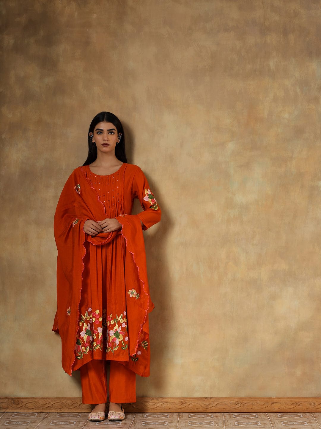 Reha Orange Silk Embroidered 3-Piece Set