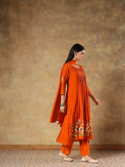 Reha Orange Silk Embroidered 3-Piece Set