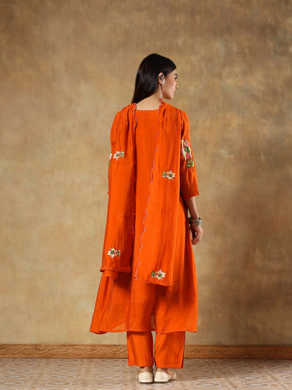 Reha Orange Silk Embroidered 3-Piece Set