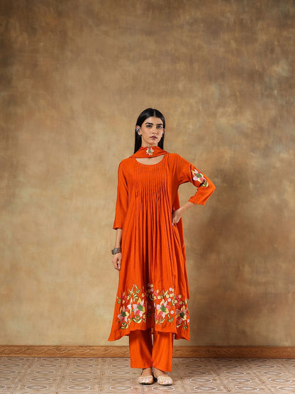 Reha Orange Silk Embroidered 3-Piece Set